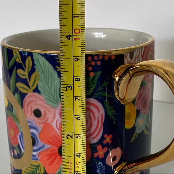 Rifle Paper Co. for Anthropologie Mug “D” Floral Gold Handle Trim Coffee Blue - Picture 8 of 16
